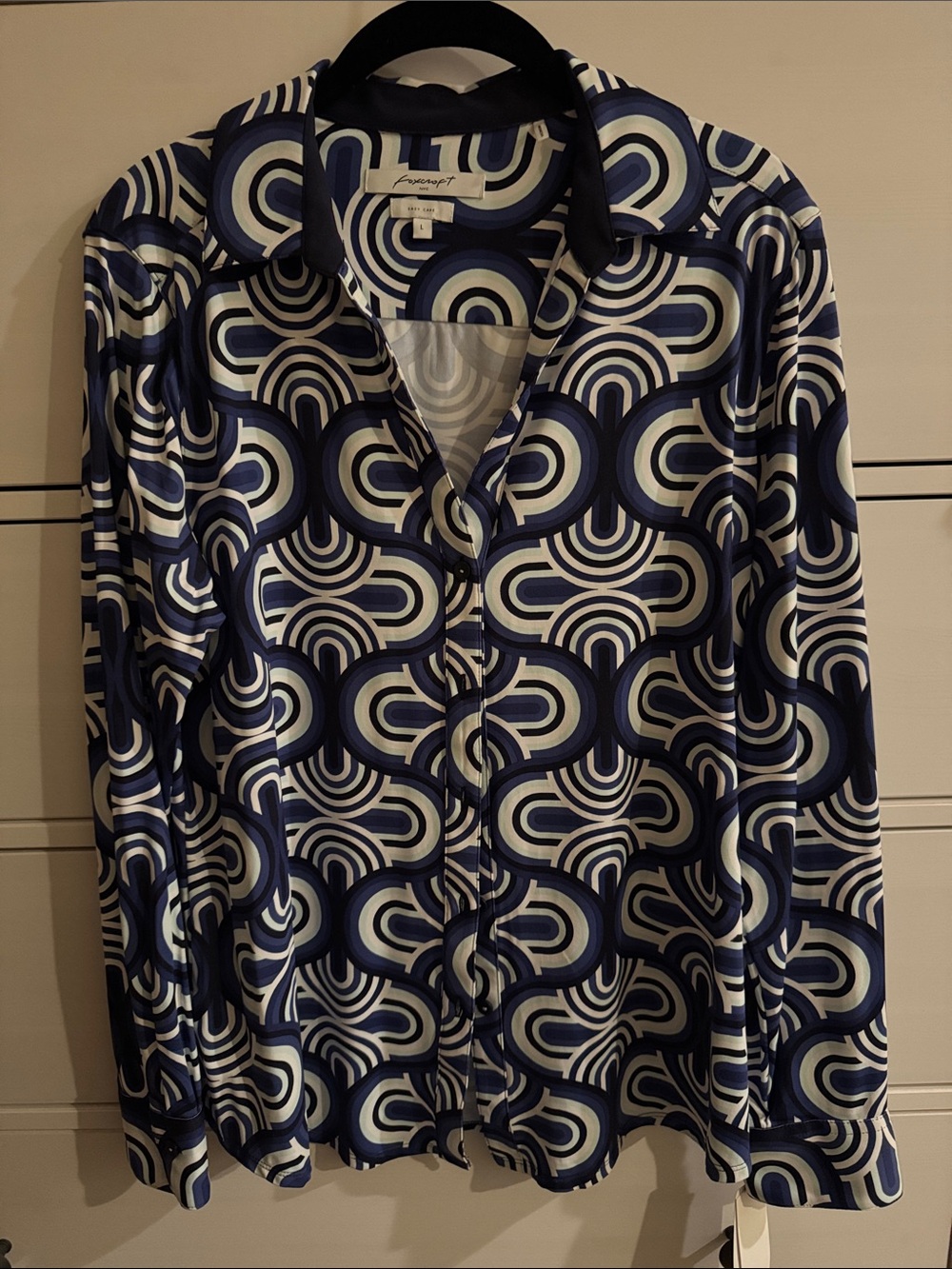 NWT Foxcroft Geometric Navy & White Button-Up Blouse